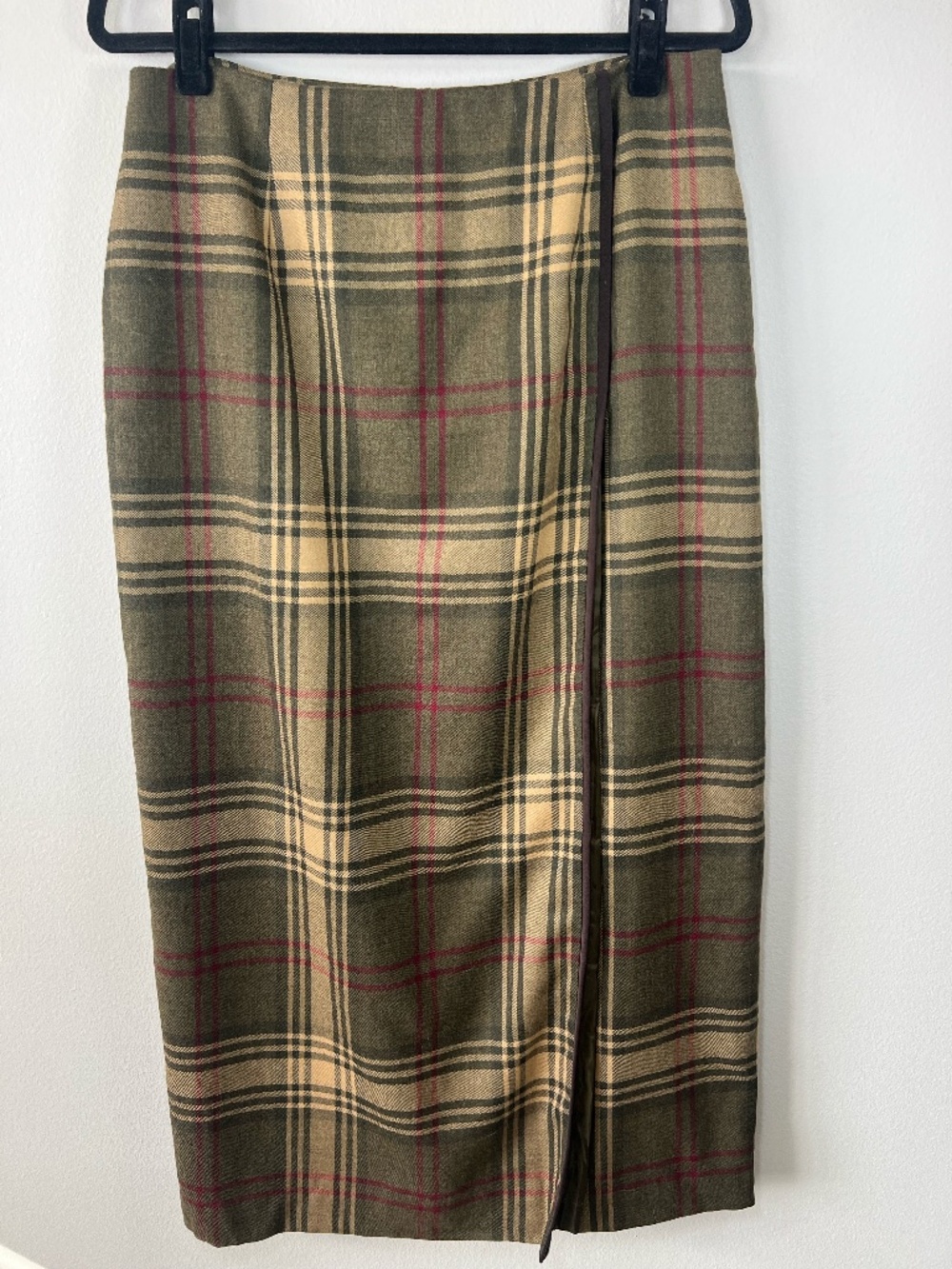 Talbots Vintage 100% Wool Maxi Wrap Skirt Olive Cream & Berry Tartan Plaid Sz 12